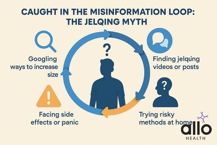 “Diagram showing how online misinformation about jelqing leads to risky practices, side effects, and anxiety about erectile dysfunction.”