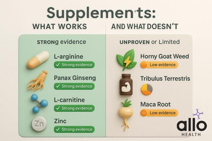 Comparison chart showing evidence-based and unproven erectile dysfunction supplements to help choose the best supplement for erectile dysfunction