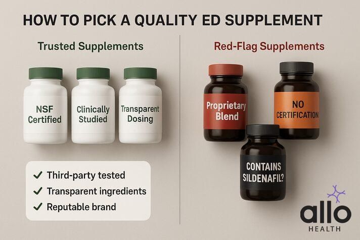 Guide showing trusted and red-flag erectile dysfunction supplements, highlighting how to choose the best supplement erectile dysfunction safely