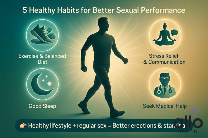 Infographic on can too much sex cause erectile dysfunction, highlighting five healthy habits — exercise, stress management, avoiding smoking and alcohol, good sleep, and seeking medical help.