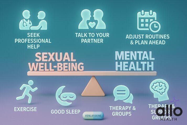 how you can balance sexual well being and mental health on venlafaxine treatment which includes seeking professional help, talking to partner, adjusting routine, getting good sleep, exercise, therapy and support groups