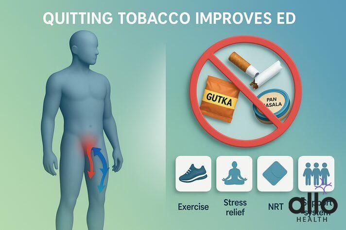 Medical infographic showing quitting tobacco improves erectile dysfunction. A male silhouette displays improved blood flow arrows. On the right, a broken cigarette, gutka packet, and pan masala tin are crossed out. Icons for exercise, stress relief, nicotine replacement therapy (NRT), and support system highlight recovery strategies.