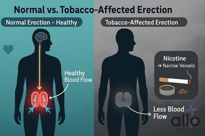 image shows how in normal erection there&#x27;s good blood flow but in tobacco affected erection the blood flow is reduced due to damage to blood vessels caused by tobacco which reduces quality of erection leading to erectile dysfunction