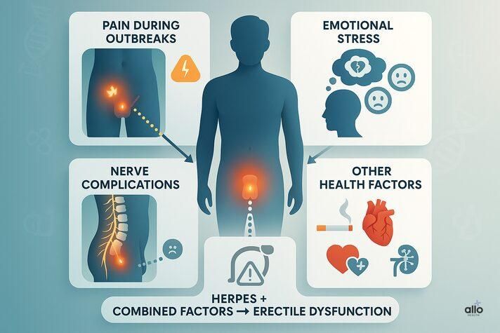Pain, stress, nerve issues, and health risks can indirectly lead to erectile dysfunction.