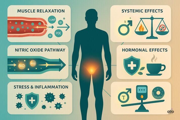 male silhouette with glowing pelvic area and five labeled panels: Muscle Relaxation (cGMP and PDE arrows), Nitric Oxide Pathway (NO molecules increasing flow), Stress &#x26; Inflammation (antioxidants shielding cells), Systemic Effects (hormone and metabolism balance), Hormonal Effects (testosterone and health icon with coffee)