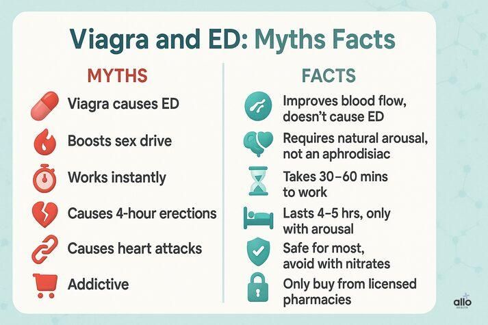 comparing myths and facts about Viagra and erectile dysfunction. Myths: Viagra causes ED, boosts sex drive, works instantly, causes 4-hour erections, causes heart attacks, and is addictive. Facts: Viagra improves blood flow and does not cause ED, requires sexual arousal to work, takes 30–60 minutes to take effect, lasts 4–5 hours only with arousal, is safe for most except those taking nitrates, and should only be purchased from licensed pharmacies.