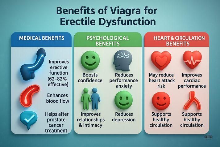 benefits of Viagra for erectile dysfunction. Medical benefits: improves erectile function (62–82% effective), enhances blood flow, helps after prostate cancer treatment. Psychological benefits: boosts confidence, reduces performance anxiety, improves relationships and intimacy, reduces depression. Heart and circulation benefits: may reduce heart attack risk, improves cardiac performance, supports healthy blood circulation.