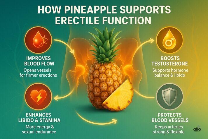 a pineapple in the center with arrows pointing to benefits: improves blood flow, boosts testosterone, enhances libido and stamina, and protects blood vessels.