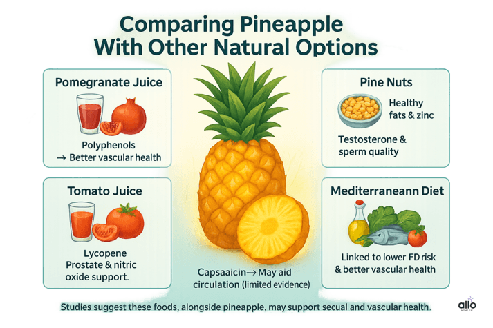comparing pineapple with other natural foods for sexual health. Includes pomegranate juice, tomato juice, chili peppers, pine nuts, and the Mediterranean diet with their nutrients and benefits.