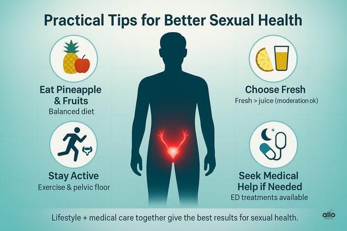a male silhouette with pelvic area highlighted. Tips include eating pineapple and fruits, choosing fresh juice, staying active with pelvic floor exercises, and seeking medical help if needed.