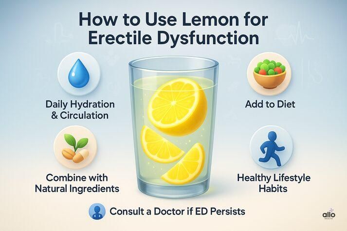 how to use lemon for erectile dysfunction. A glass of lemon water is in the center with icons around it: daily hydration, add to diet, combine with natural ingredients, healthy lifestyle habits, and consult a doctor if ED persists.