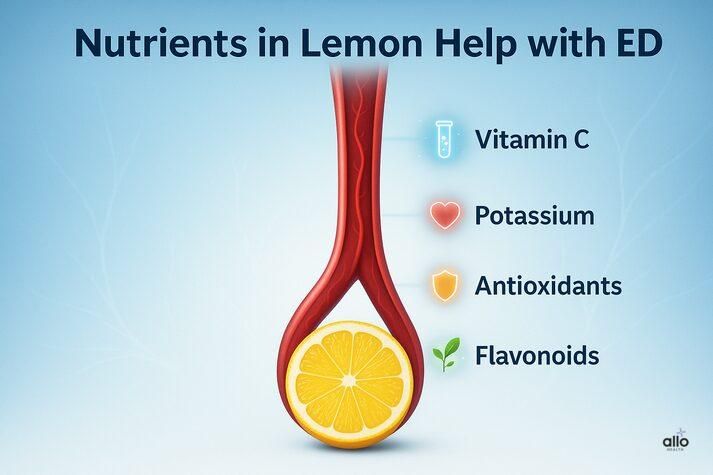 lemon that help with erectile dysfunction. A sliced lemon is placed inside a glowing blood vessel with labeled nutrients: Vitamin C, Potassium, Antioxidants, and Flavonoids.