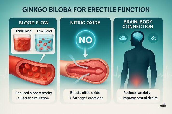  how Ginkgo Biloba may help erectile dysfunction: improving blood flow, boosting nitric oxide for stronger erections, and reducing anxiety.