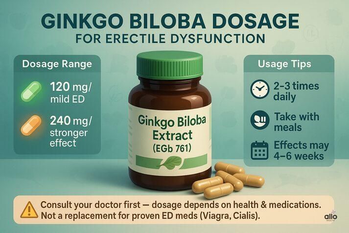 “Dosage guide for Ginkgo Biloba and erectile dysfunction, showing 120 mg for mild ED and 240 mg for stronger effect, with tips on meals and 4–6 week results.”