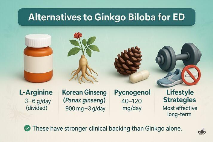 Alternatives to Ginkgo Biloba for erectile dysfunction including L-arginine, Korean ginseng, Pycnogenol, and lifestyle changes like exercise and quitting smoking.”