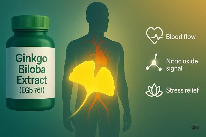 “Ginkgo Biloba extract and its effects on erectile dysfunction, highlighting better blood flow, nitric oxide signaling, and stress relief benefits.”