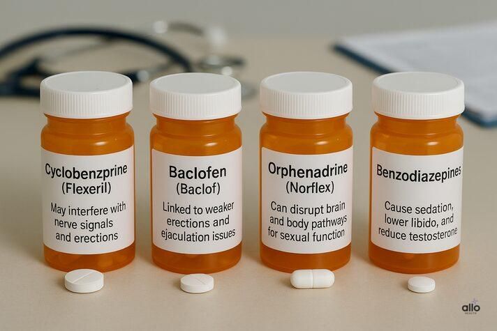 Four prescription bottles of muscle relaxants — Cyclobenzaprine, Baclofen, Orphenadrine, and Benzodiazepines — showing how each may affect sexual function, helping explain can muscle relaxers cause ED.