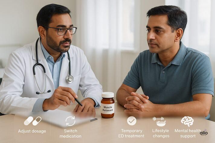 Doctor consulting a male patient about muscle relaxants and erectile dysfunction, with icons showing solutions like dosage adjustment, switching medication, temporary ED treatment, lifestyle changes, and mental health support — answering can muscle relaxers cause ED.