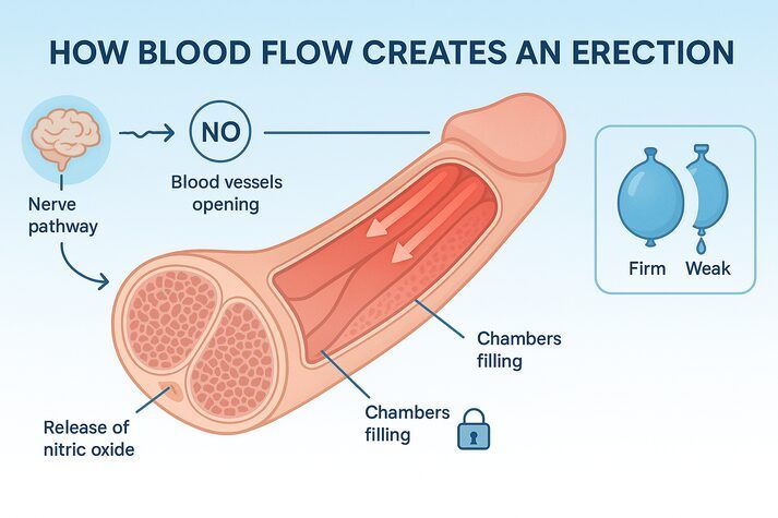 Educational illustration showing the role of nitric oxide and blood vessel opening in erections — nerve pathways, chambers filling, and comparison of firm versus weak erection in erectile dysfunction.