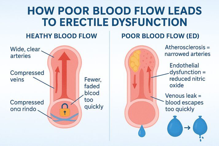 Diagram comparing healthy blood flow versus poor blood flow in erectile dysfunction — narrowed arteries, reduced nitric oxide, and venous leak shown with clear medical illustrations.