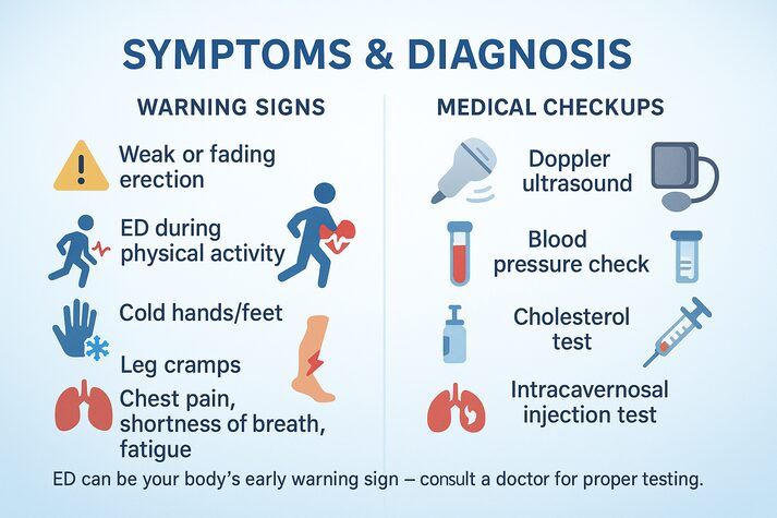 Visual guide explaining early warning signs and medical tests for erectile dysfunction related to blood flow problems, including Doppler scan, blood pressure check, and intracavernosal injection test.