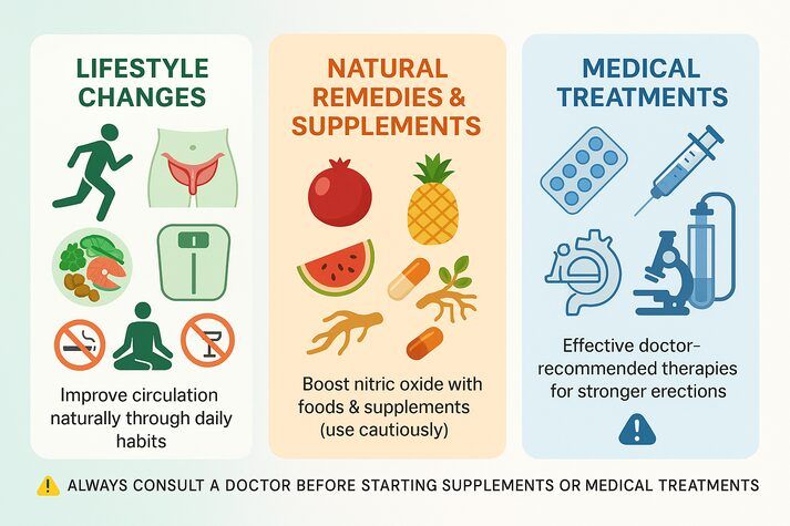 Infographic showing three approaches to improve blood flow for erectile dysfunction: lifestyle changes, natural foods and supplements, and doctor-recommended medical treatments.