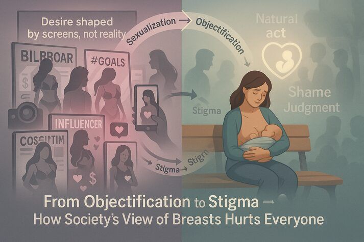 “Infographic contrasting two effects of breast sexualization: on the left, media-driven objectification through ads and influencers; on the right, a mother breastfeeding in public facing stigma and judgment. Shows how society’s perception harms both confidence and health.”