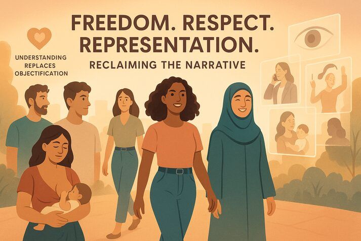 “Empowering infographic showing diverse women confidently walking outdoors, including a mother breastfeeding, alongside supportive men and positive media imagery. Represents reclaiming the narrative through freedom, respect, and inclusive representation.”