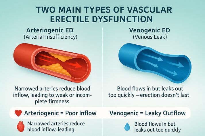 “Diagram comparing arteriogenic erectile dysfunction caused by poor blood inflow and venogenic erectile dysfunction caused by leaky outflow of blood.”