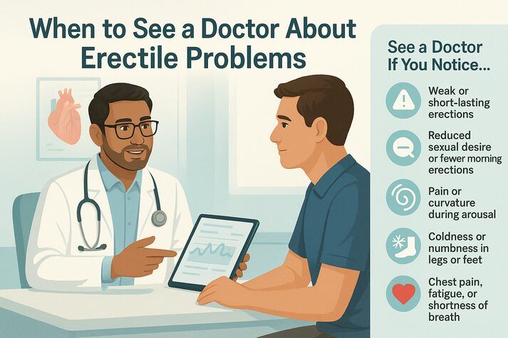 “Illustration of a doctor consulting a patient about erectile problems, with signs such as weak erections, reduced sexual desire, and circulation issues.”