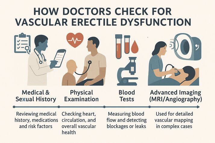 “Infographic showing diagnostic steps for vascular erectile dysfunction, including medical history review, physical exam, blood tests, and Doppler or MRI imaging.”