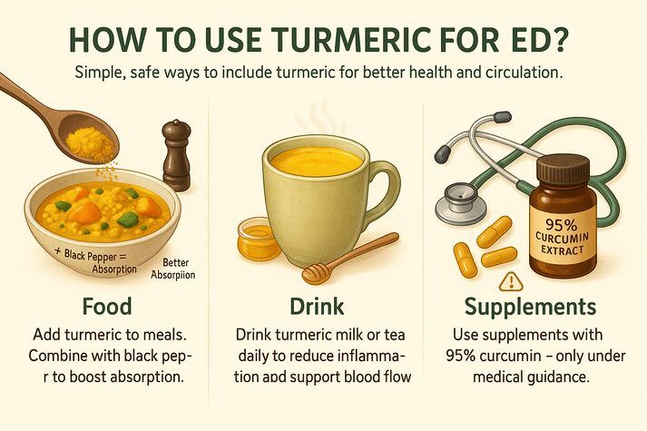 Infographic showing three safe ways to use turmeric for erectile dysfunction — adding it to food, drinking turmeric milk or tea, and using supplements with 95% curcumin under medical guidance.