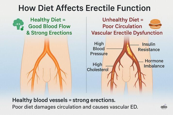 Infographic comparing healthy and unhealthy diets showing how poor eating habits damage blood vessels and reduce blood flow, leading to erectile dysfunction.