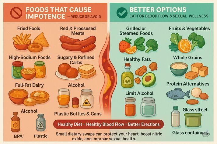 Alt text: Infographic showing foods that cause impotence such as fried foods, red meat, alcohol, and sugary snacks alongside healthier options like fruits, vegetables, olive oil, and whole grains.