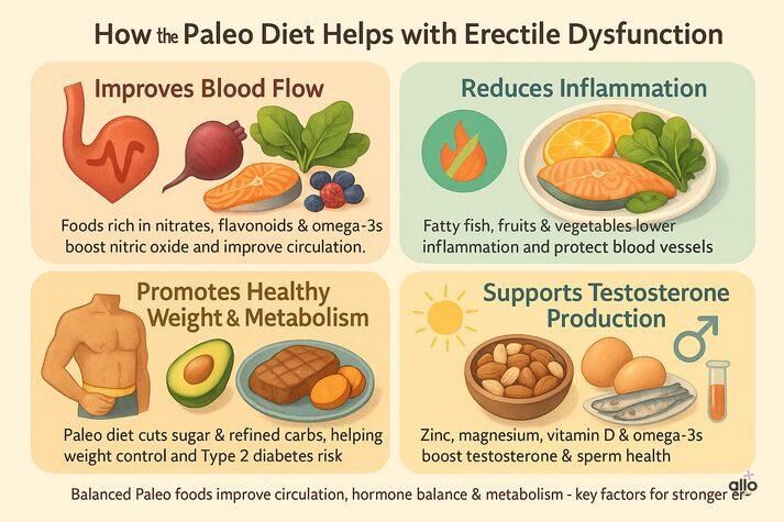 “Infographic showing how the Paleo diet helps erectile dysfunction by improving blood flow, reducing inflammation, supporting metabolism, and boosting testosterone using foods like fish, avocado, nuts, and vegetables.”