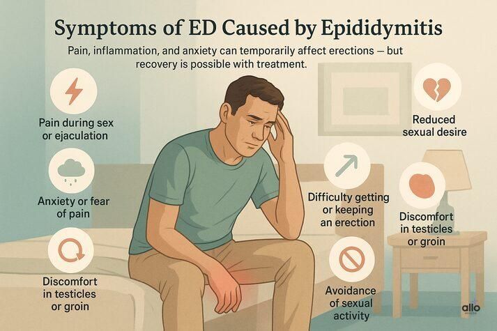 “Infographic illustrating symptoms of erectile dysfunction caused by epididymitis such as pain during sex, reduced sexual desire, anxiety, discomfort in the testicles, and weaker erections.”