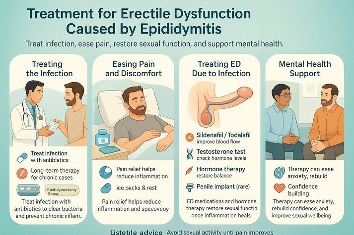 “Infographic showing treatment options for erectile dysfunction caused by epididymitis, including antibiotics, anti-inflammatory care, ED medications, hormone therapy, and mental health support.”