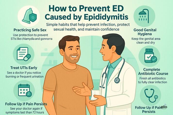 “Infographic showing prevention tips for erectile dysfunction caused by epididymitis, including safe sex, early UTI treatment, good hygiene, completing antibiotics, and medical follow-up.”
