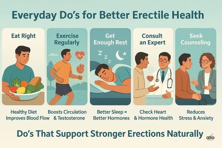 Infographic showing five healthy habits for erectile health: eating right, exercising regularly, getting enough rest, consulting an expert, and seeking counseling. Illustrations show men eating healthy food, swimming, sleeping, talking to a doctor, and attending therapy.