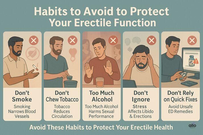 Educational infographic with five panels showing habits to avoid for erectile function: smoking, chewing tobacco, drinking too much alcohol, ignoring stress, and relying on quick fixes. Each panel shows a man performing or avoiding these actions with red warning icons.