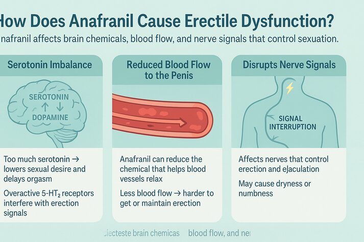 Infographic explaining how Anafranil causes erectile dysfunction through serotonin imbalance, reduced blood flow, and disrupted nerve signals that affect desire and erection.