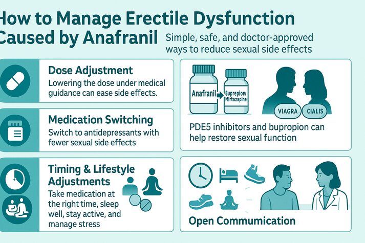 Infographic showing management tips for Anafranil-related erectile dysfunction — dose adjustment, medication switching, supportive therapy, healthy habits, and open doctor-patient communication.