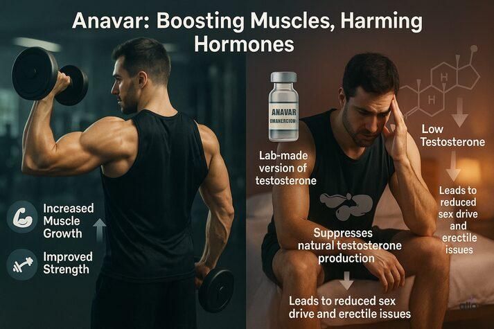 “Split-scene image showing a muscular man lifting weights on one side and the same man looking fatigued on the other, symbolizing how Anavar boosts muscle growth but suppresses natural testosterone and harms sexual health.”