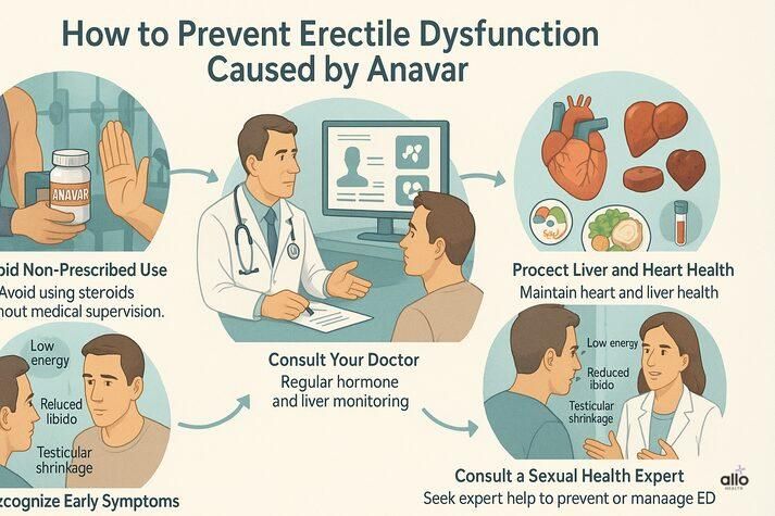 “Infographic showing prevention tips for erectile dysfunction caused by Anavar: avoid non-prescribed use, consult a doctor, protect liver and heart health, recognize early symptoms, and consult a sexual health expert.”