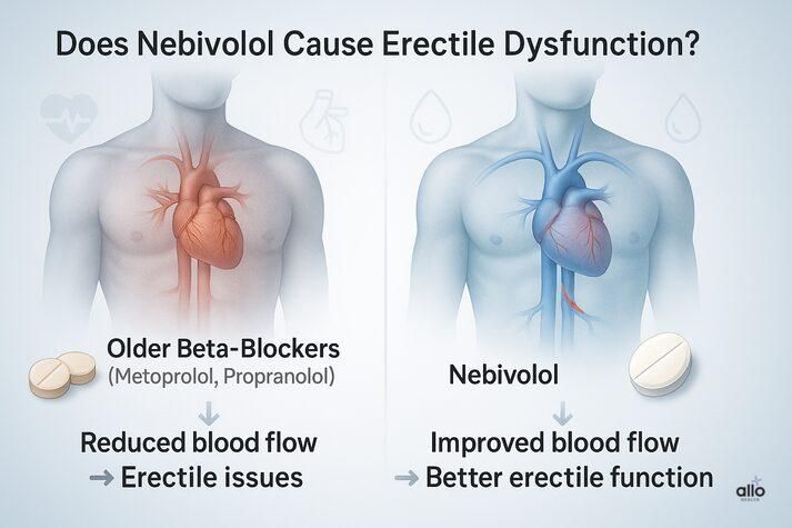“Side-by-side medical comparison showing older beta-blockers causing reduced blood flow and erectile issues versus Nebivolol improving blood flow and erectile function.”