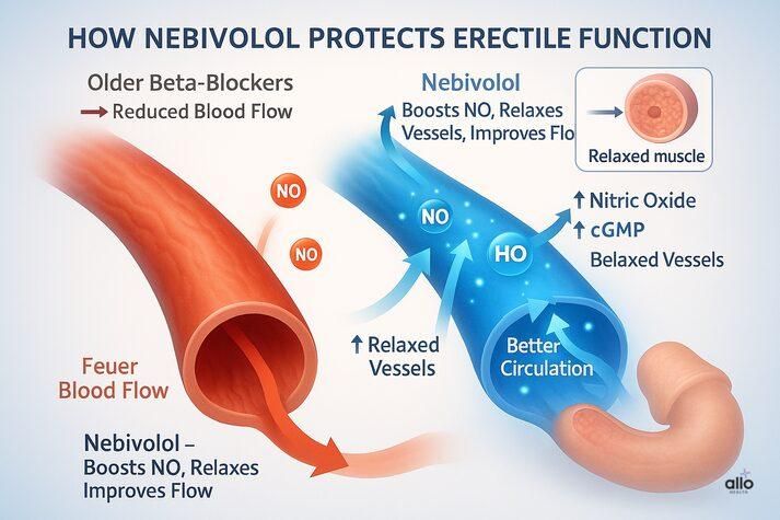 “Infographic showing how Nebivolol boosts nitric oxide and cGMP levels to relax blood vessels, enhance penile circulation, and improve erectile function compared to older beta-blockers.”