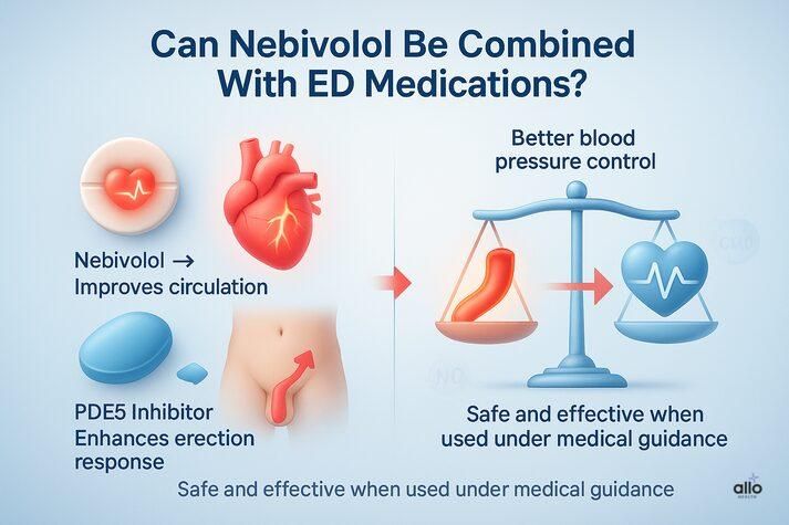 “Educational graphic illustrating that Nebivolol and PDE5 inhibitors such as Viagra can safely complement each other under medical guidance to improve blood pressure control and erectile response.”