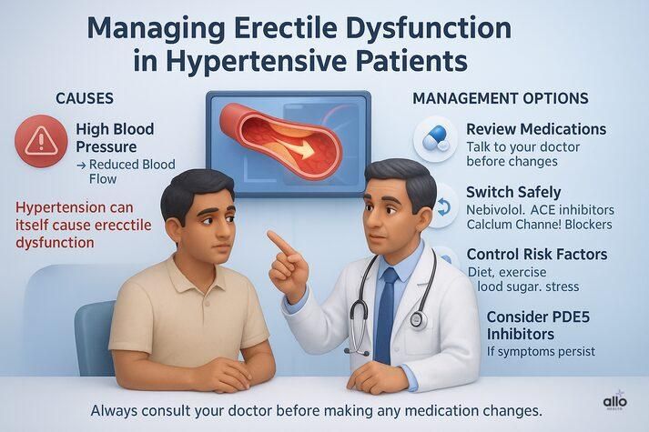 “Doctor explaining to a hypertensive male patient how high blood pressure itself can cause erectile dysfunction and outlining safe management steps including reviewing medications, switching to Nebivolol or ACE inhibitors, and controlling lifestyle risk factors.”