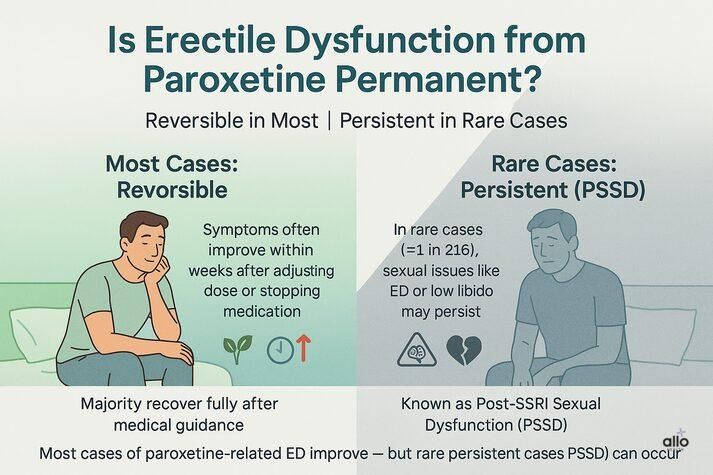 “Infographic comparing reversible versus persistent cases of erectile dysfunction caused by paroxetine, highlighting that most recover while rare cases may persist as PSSD.”