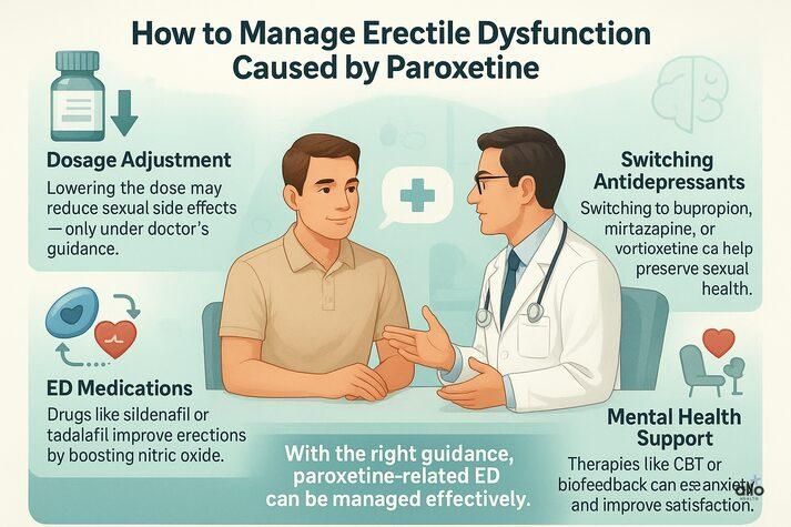 “Infographic showing management options for paroxetine-induced erectile dysfunction including dose adjustment, switching antidepressants, using ED medications, and therapy support.”